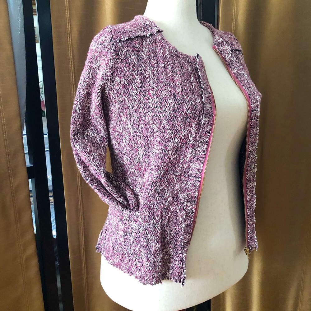 Pink Tweed Zip-Up Sweater